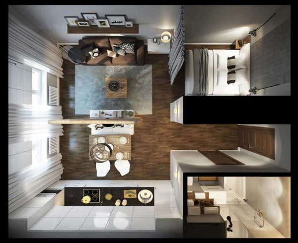 Layout ng isang studio apartment na 25 sq. m