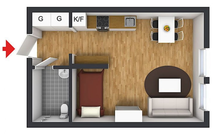 Layout ng isang studio apartment na 25 sq. m