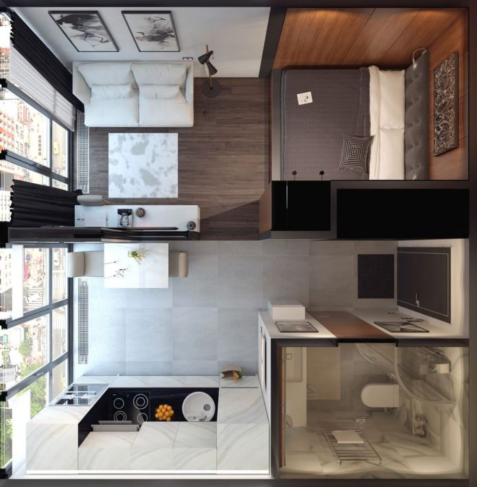 Layout ng isang studio apartment na 25 sq. m