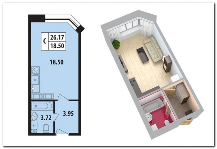 ang layout ng apartment ay 18 sq m