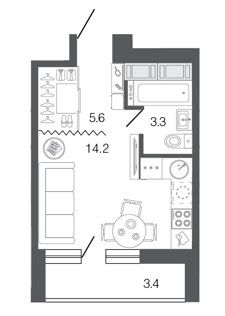 el diseño del apartamento es de 18 metros cuadrados