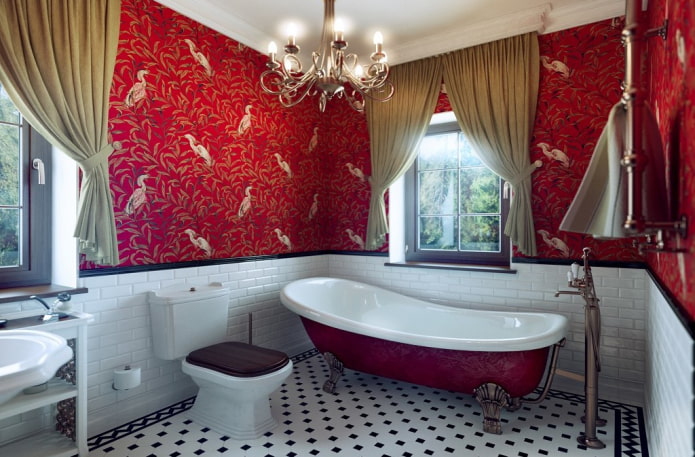 decoración del baño en tonos rojos