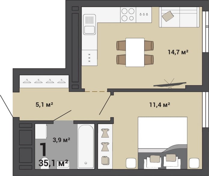 El diseño del apartamento es de 35 metros cuadrados. metro.