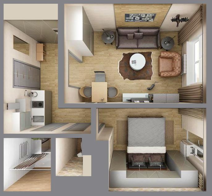 Ang layout ng apartment ay 35 sq. m