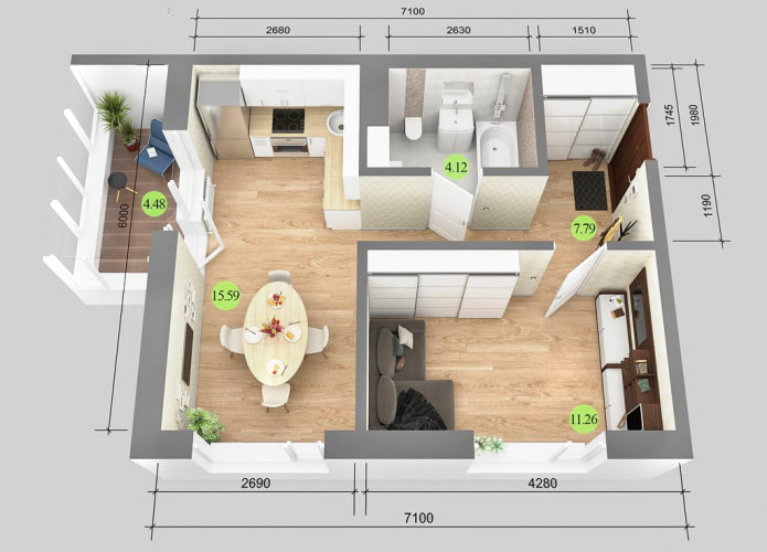 Disposición de un apartamento de 38 metros cuadrados con un metraje