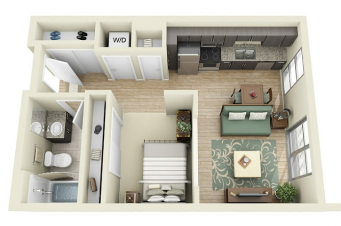 Ang layout ng apartment ay 45 sq. m