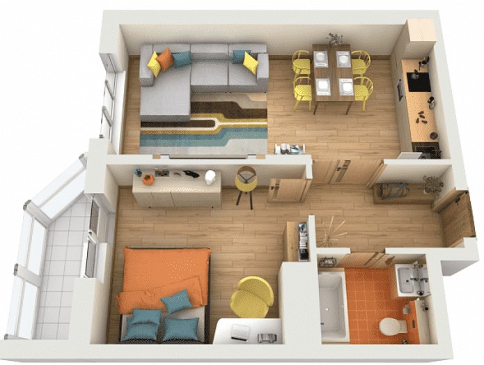 Ang layout ng apartment ay 45 sq. m