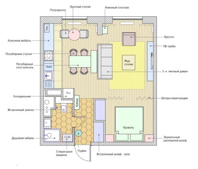 Ang layout ng apartment ay 45 sq. m