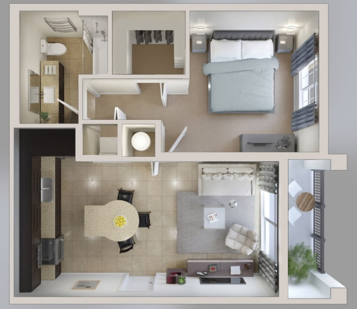 Ang layout ng apartment ay 45 sq. m