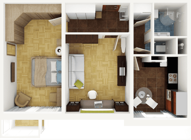 Ang layout ng apartment ay 45 sq. m