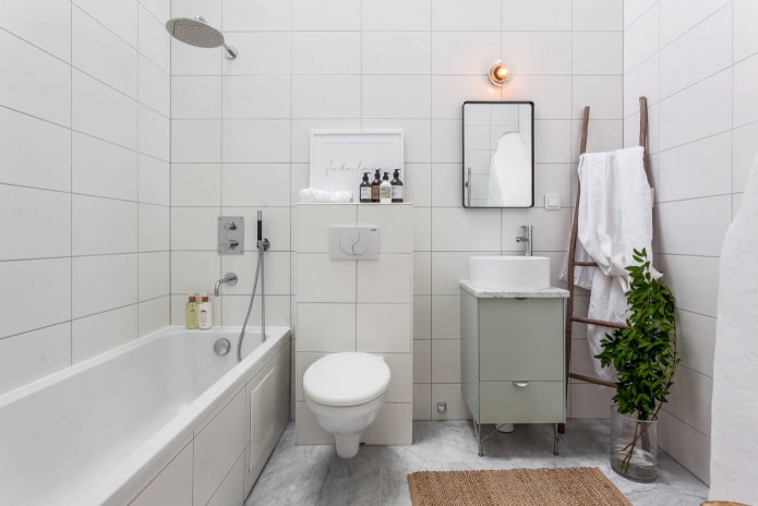 banyo na may puting tono sa istilong Scandinavian