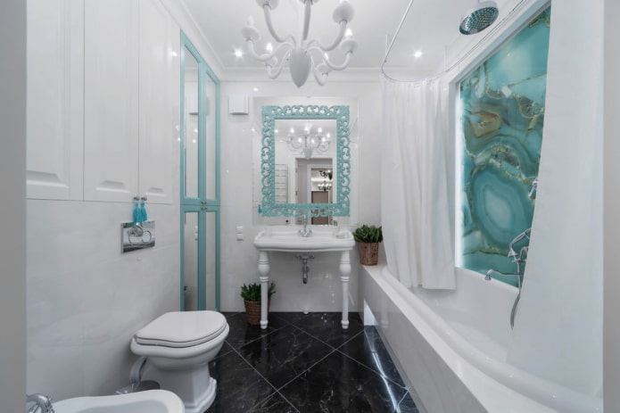 interior del baño en colores blanco y turquesa