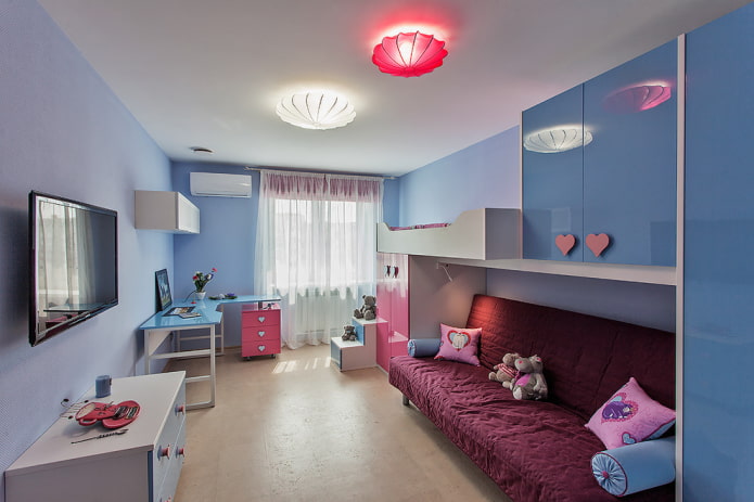 diseño de dormitorio para dos niñas de diferentes edades.