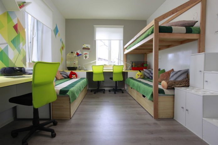 interior de dormitorio para tres niños