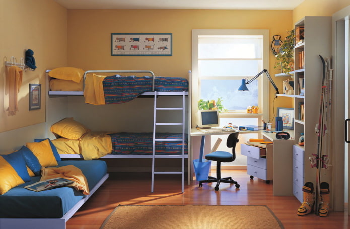 diseño de dormitorio para tres niños de diferentes edades.