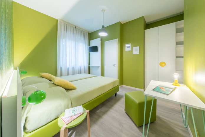 diseño de dormitorio en colores verdes