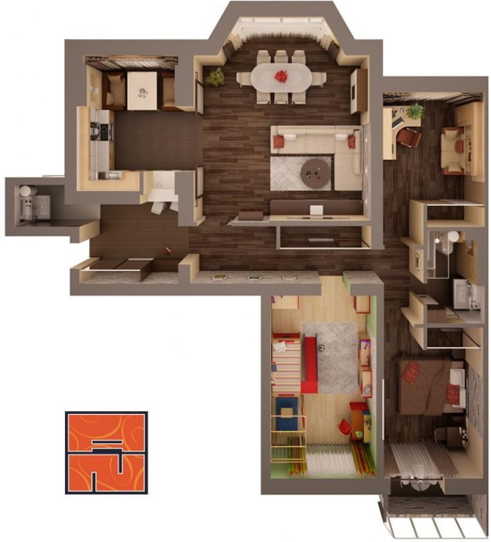 layout ng isang 4 na silid na apartment