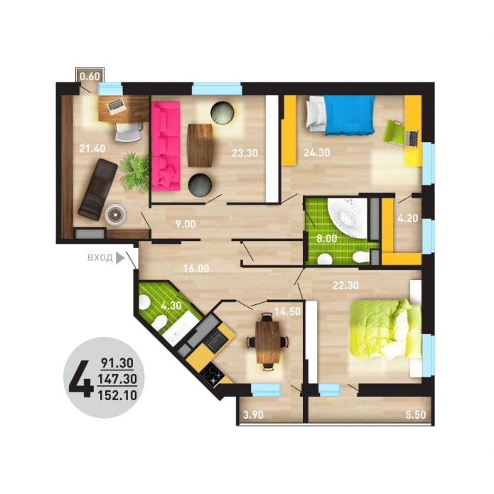 layout ng isang 4 na silid na apartment