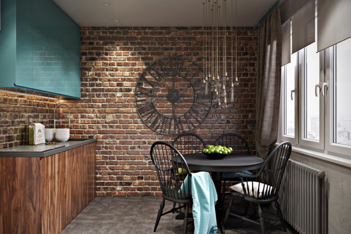 cocina muy pequeña con gabinetes de madera y pared de acento de ladrillo decorativo