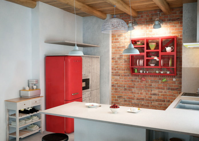 cocina estilo loft blanco y rojo