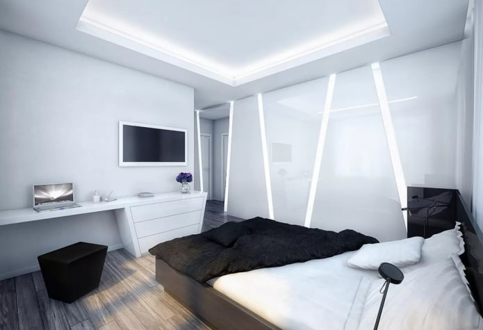 Iluminación en el interior del dormitorio en estilo de alta tecnología.