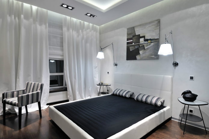 decoración e iluminación del dormitorio en blanco y negro