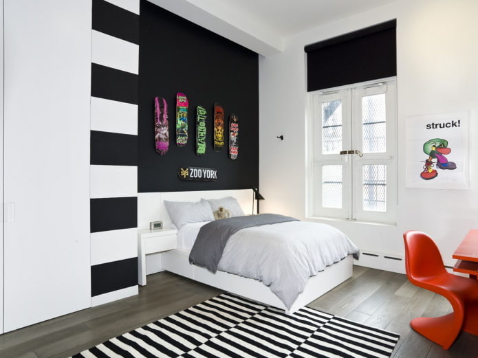 diseño de interiores de dormitorio en blanco y negro