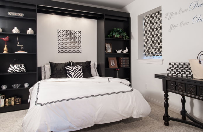 muebles en el interior del dormitorio en blanco y negro