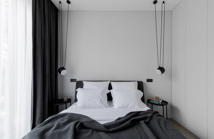 decoración e iluminación del dormitorio en blanco y negro