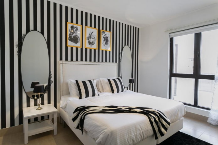 decoración e iluminación del dormitorio en blanco y negro