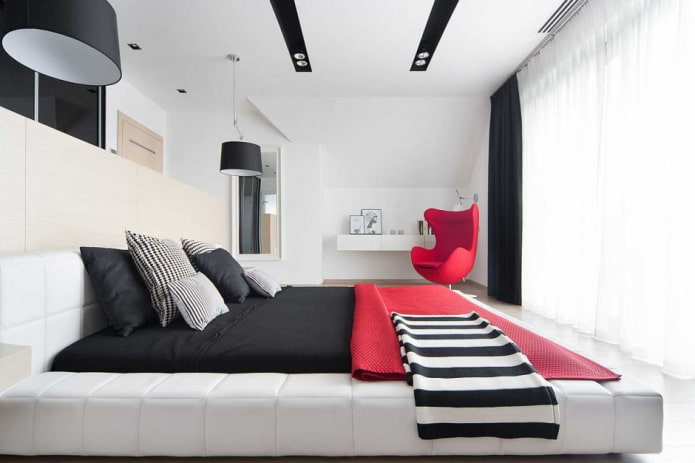 diseño de interiores de dormitorio en blanco y negro