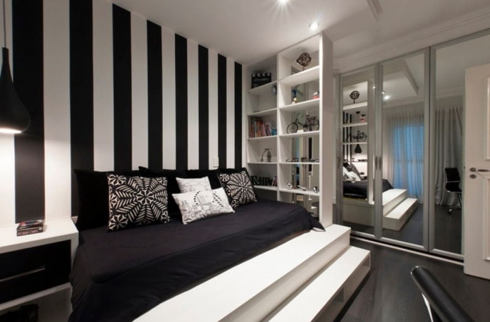 diseño de interiores de dormitorio en blanco y negro