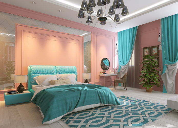 Interior del dormitorio en colores rosa y turquesa.