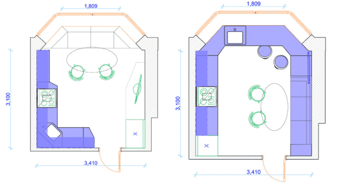 layout ng kusina na may bay window