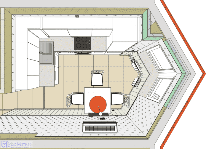 layout ng kusina na may isang tatsulok na bay window