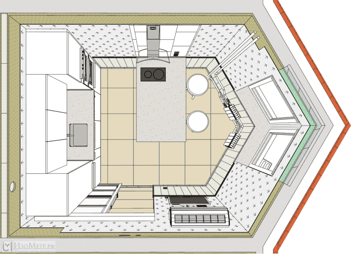 layout ng kusina na may isang tatsulok na bay window