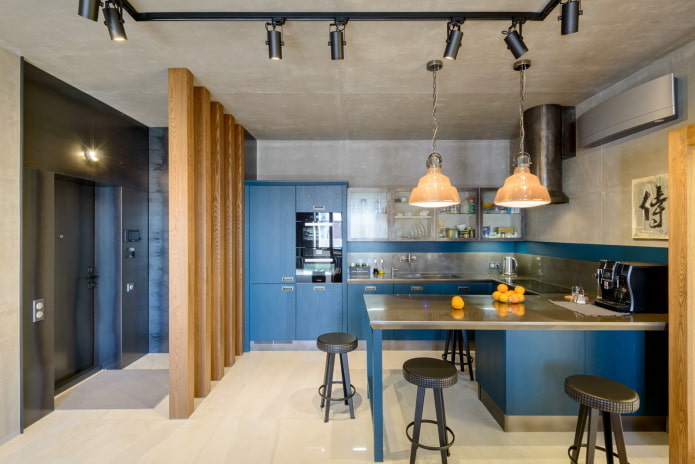 cocina en estilo loft azul