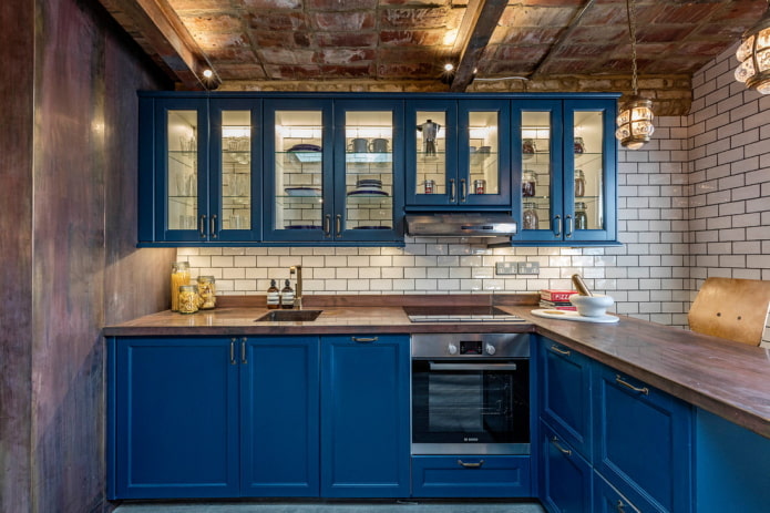 cocina en estilo loft azul