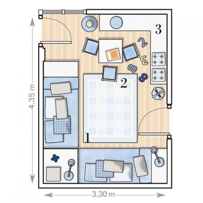 layout ng nursery para sa 2 bata