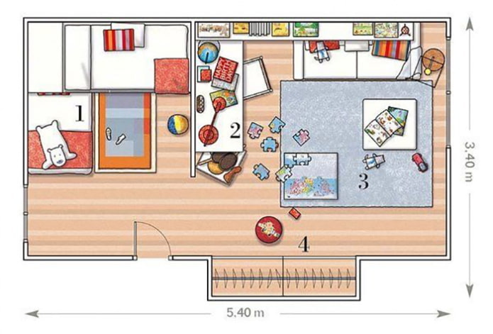 layout ng nursery para sa 2 bata