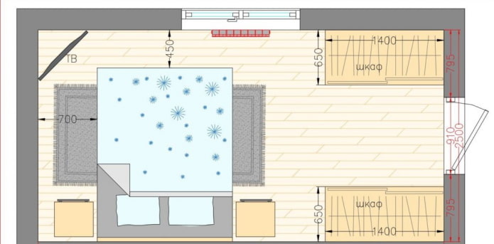 distribución del dormitorio 17 sq. metro.