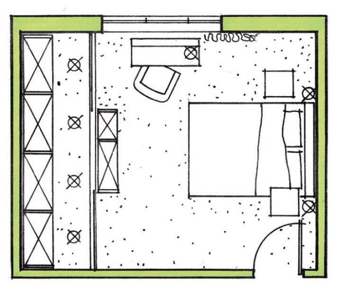 distribución del dormitorio 17 sq. metro.