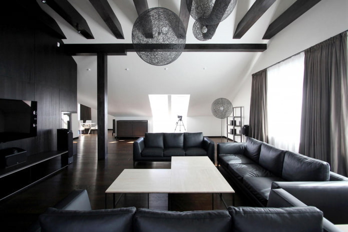 sala de estar en estilo loft en blanco y negro