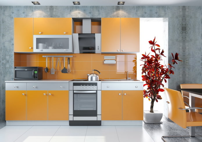 interior de la cocina en colores gris-naranja