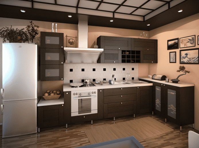 iluminación y decoración en el interior de la cocina en estilo japonés