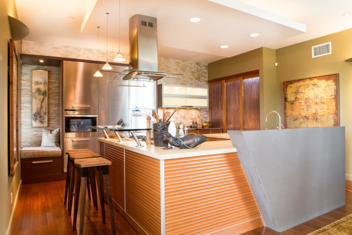 iluminación y decoración en el interior de la cocina en estilo japonés