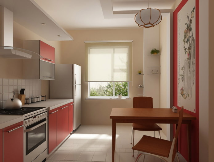 Cortinas en el interior de la cocina en estilo japonés.