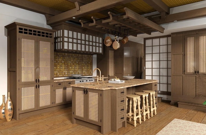 Diseño de interiores de cocina en estilo japonés.