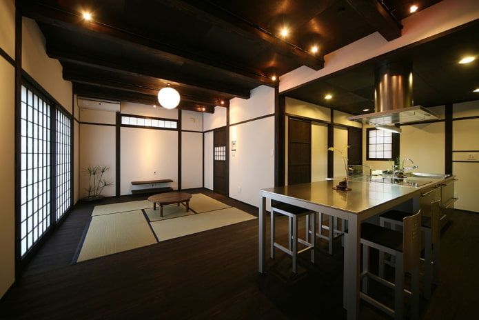 Diseño de interiores de cocina en estilo japonés.