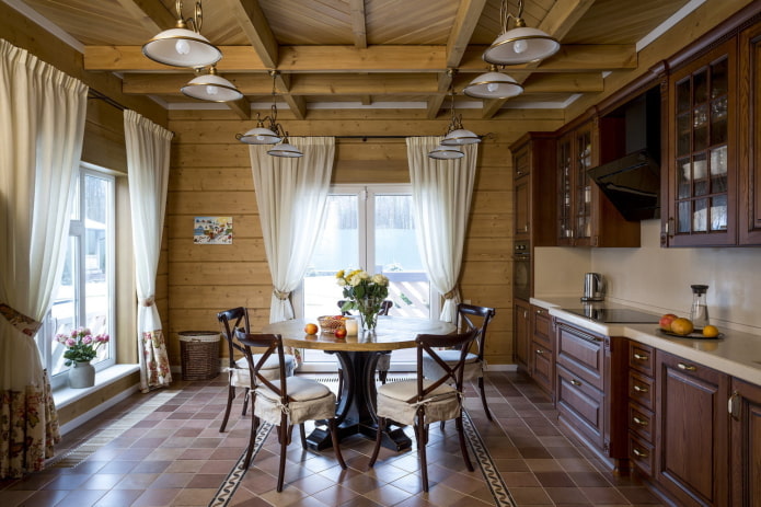 decoración e iluminación en la cocina en un estilo rústico rústico